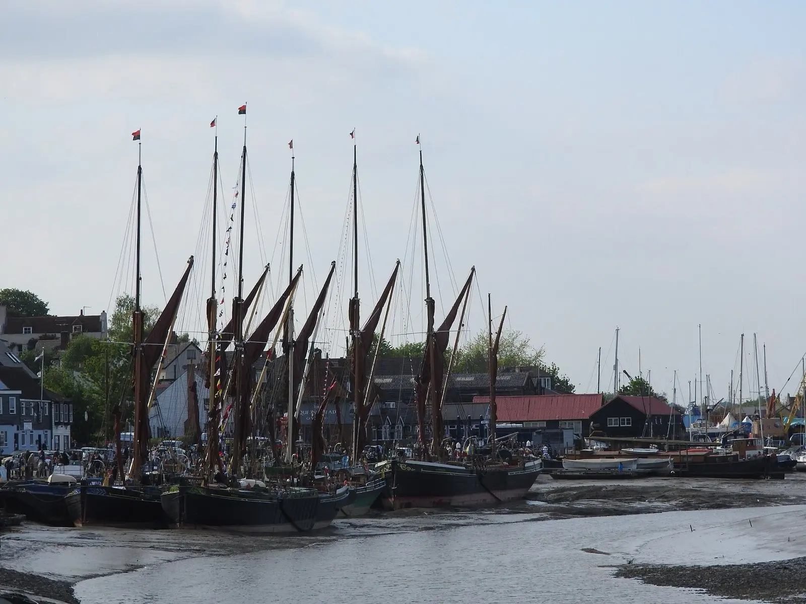 Thames sailing barges with tan sails moored at Hythe Quay in Maldon at low tide